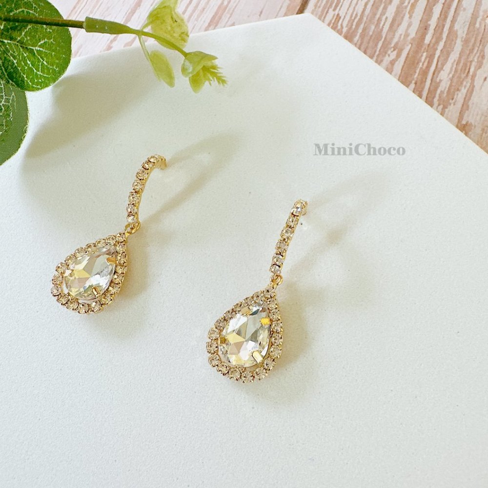 Gold Tone Rhinestones Half Hoop Water-Drop Earrings